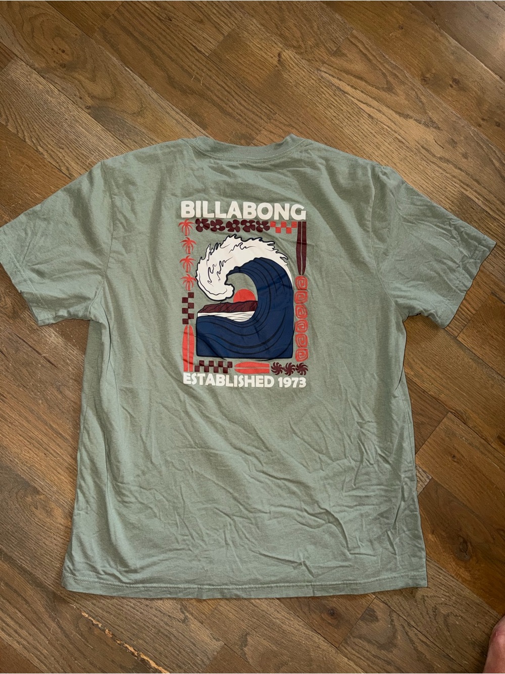 Billabong Sage Green Short-Sleeve Tee with Navy Wave Graphic